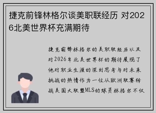 捷克前锋林格尔谈美职联经历 对2026北美世界杯充满期待 捷克前锋林格尔谈美职联经历 对2026北美世界杯充满期待