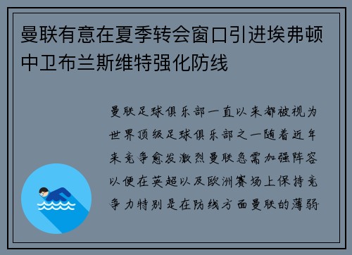 曼联有意在夏季转会窗口引进埃弗顿中卫布兰斯维特强化防线 曼联有意在夏季转会窗口引进埃弗顿中卫布兰斯维特强化防线